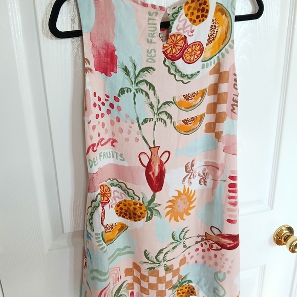 Paper Heart Linen Blend Mini Dress  SMALL Summer Pink Fruit Watercolor Resort - Picture 3 of 7